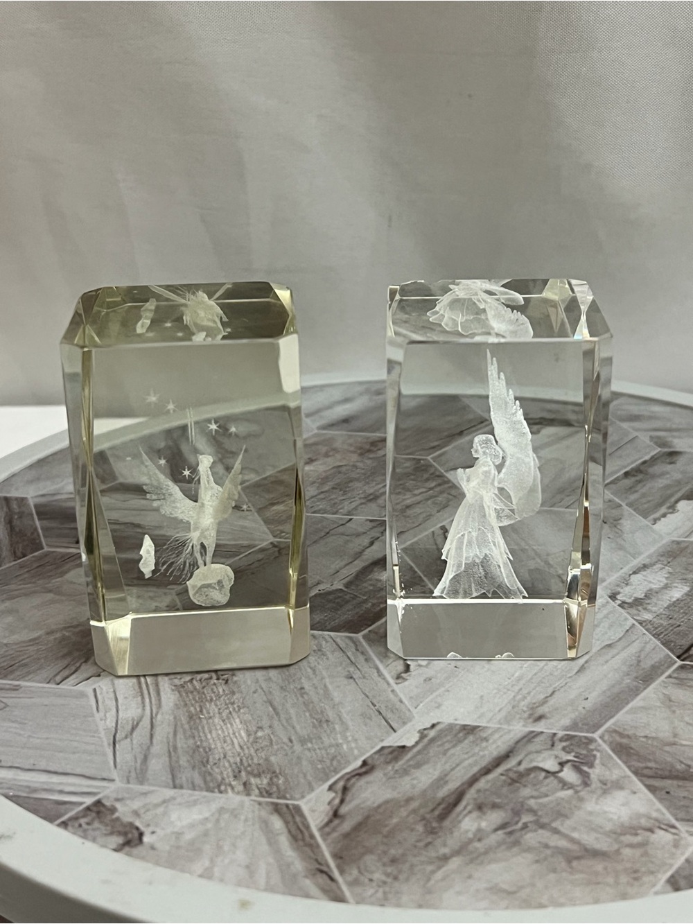 Pair 3D Laser Etched Crystal Angel Pegasus Glass Block Paperweights Fantasy